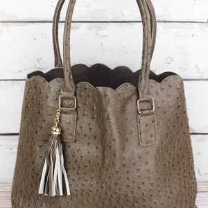 Taupe Gray Faux Ostrich Leather Scalloped Tote